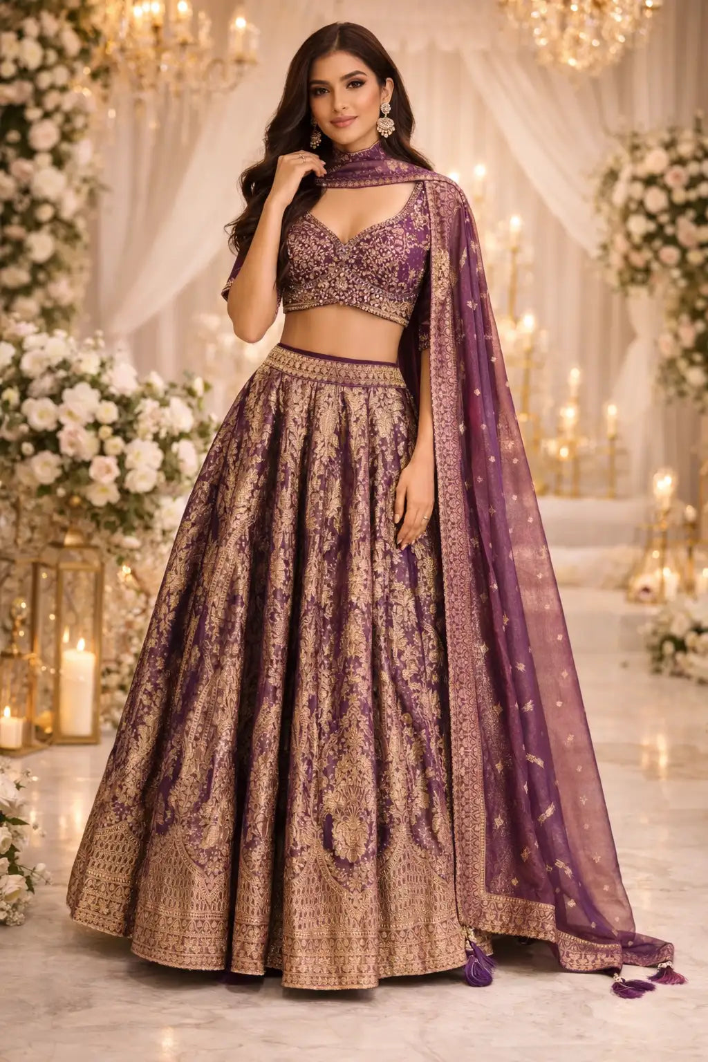 Royal Purple Kanjeevaram Silk Bridal Lehenga with Zari Work